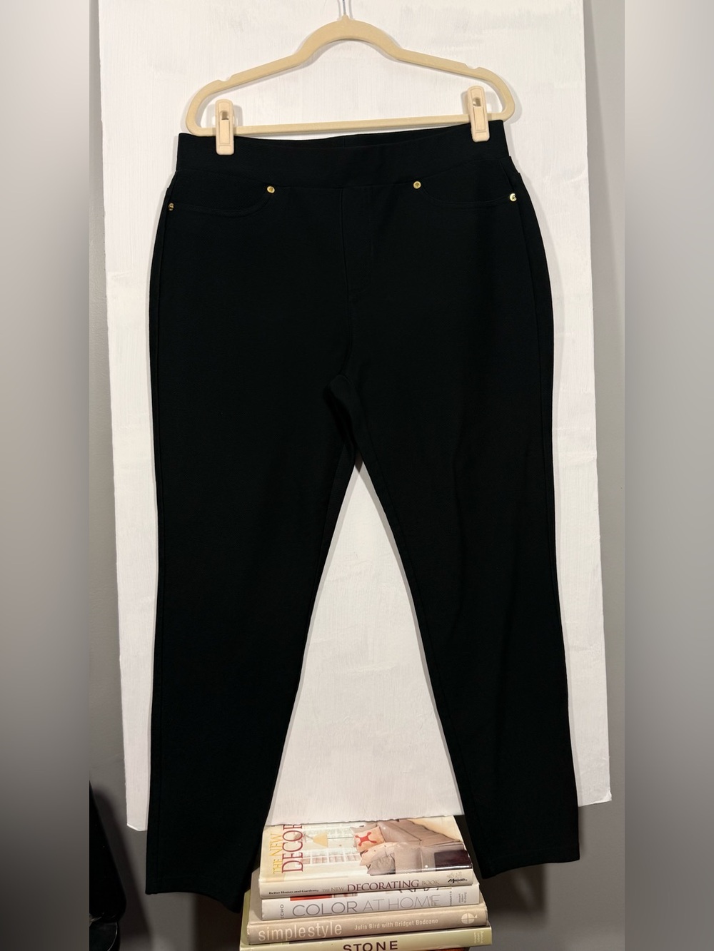 Michael Kors Black Pull-On Stretch Pants with Gold Rivet Detail